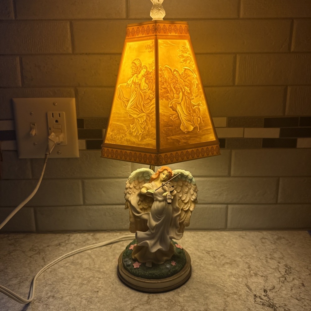 Vintage Angel Playing Violin Table Lamp Etched Shade Ambient Light 17 In Works